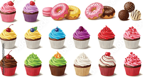 Colorful cupcake and donut dessert vector set with sweet frosting, sprinkles and bakery treats for party, menu and food illustrations
