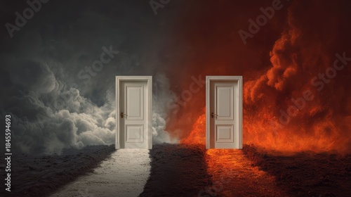 two open doors standing in the middle of a fiery, volcanic landscape, with dark, cloudy skies above