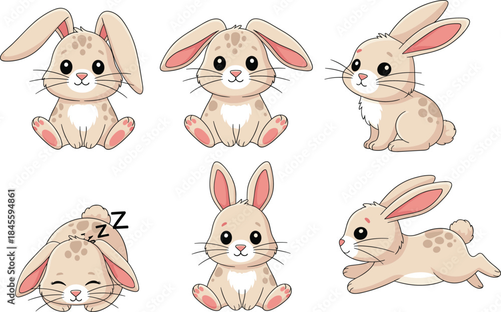 Fototapeta premium Cute beige bunny rabbit character vector set with sitting, sleeping and jumping poses for kids illustrations and playful designs