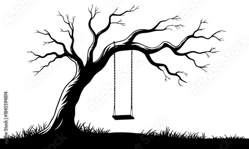 Old Bare Tree with Hanging Swing Silhouette, Spooky Grunge Black and White Vector Illustration on Grass