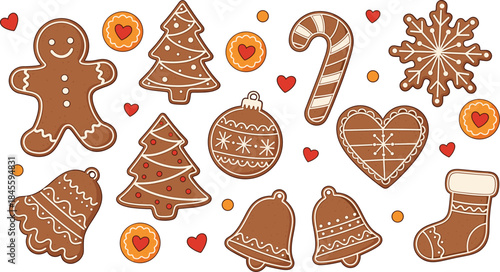 Christmas gingerbread cookie vector set with festive holiday shapes, hearts, bells, candy cane and winter baking decorations illustration