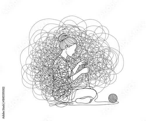 A woman sits cross-legged, almost consumed by a large, dense, chaotic tangle of lines, holding knitting needles, symbolizing deep complexity or being trapped by problems.