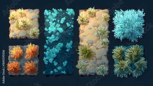 Fantasy game environment terrain tiles with water, sand, and plant life offer vibrant color palettes for creating immersive virtual worlds and engaging gameplay