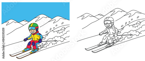 Cartoon boy skiing fast downhill with coloring book page outline. Winter sport vector illustration for kids with mountain background.