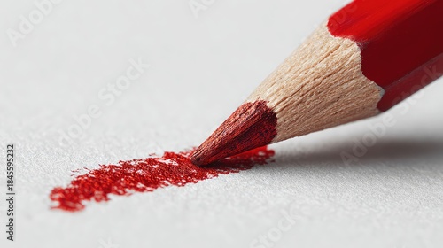 a close up of a single pencil point with a piece of red paint smeared at its tip, resting on a surface with a texture that resembles paper