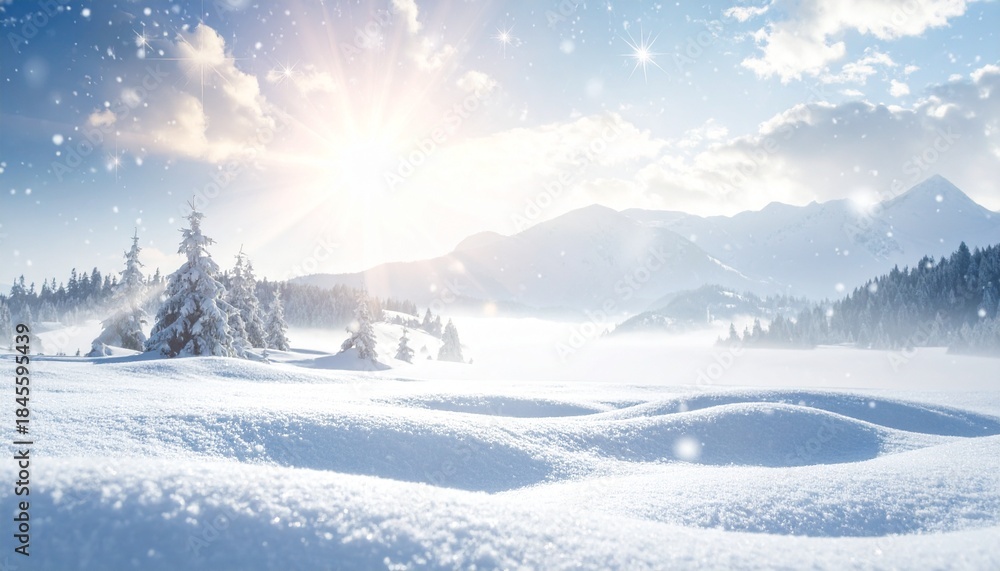 Fototapeta premium スキーや冬のイメージ 青空と太陽が輝く雪原と美しい冬山の絶景風景 