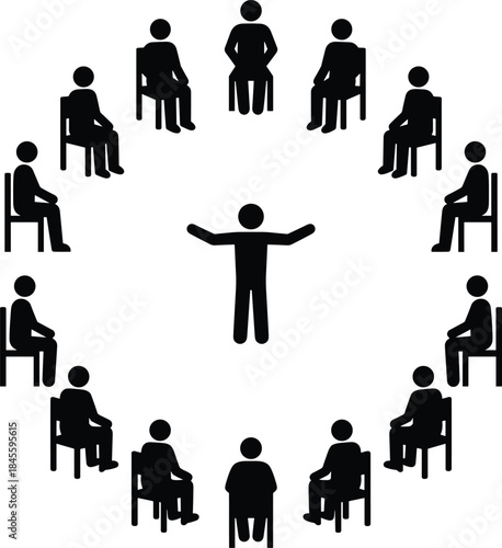 Leadership circle meeting illustration, facilitator addressing group discussion, teamwork communication concept, coaching and training session, people collaboration, silhouettes, modern workshop