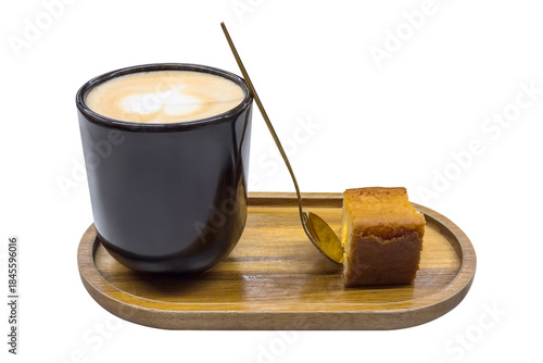cup of aromatic coffee with a piece of biscuit on a wooden tray isolated on white background