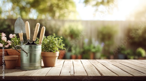a wooden bench is adorned with various gardening tools and pots, inviting a peaceful outdoor setting near a garden with greenery and plants