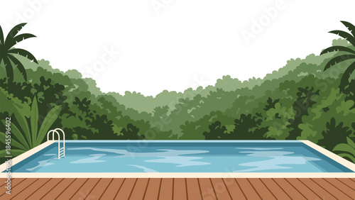 An inviting swimming pool with a warm wooden deck, set amidst lush tropical greenery and towering palm trees, offering a serene escape.