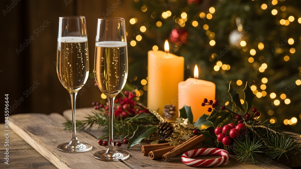 Obraz premium Cozy Christmas scene with champagne glasses and festive decorations