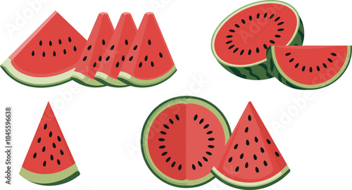 Set of fresh red watermelon slices, pieces, and cut fruit, summer organic produce, healthy food vector