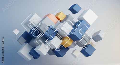 Fototapeta Naklejka Na Ścianę i Meble -  Modern 3D geometric shapes in blue and white gradient background