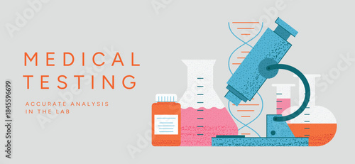 World Health Day Banner, Microscope, DNA Helix, Lab Flasks, Medicine Bottle, Test Tube. Healthcare research concept with copy space, flat Vector Illustration on light background.