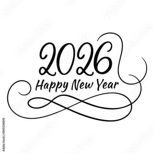 2026 Happy New Year Script Calligraphy with Swirls and Flourishes