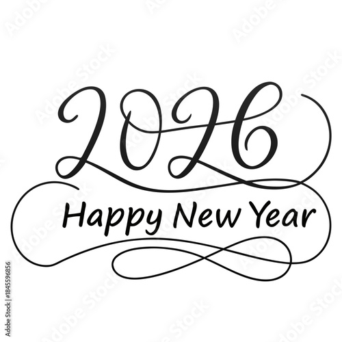 2026 Happy New Year Script Calligraphy with Swirls and Flourishes