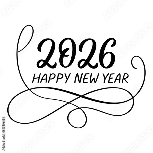 2026 Happy New Year Script Calligraphy with Swirls and Flourishes