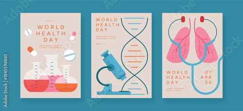 World Health Day Posters set with Lab Flasks, Microscope, DNA Helix, Lungs and Stethoscope. Healthcare Awareness and Research concept, flat Vector Illustration cards on teal background.