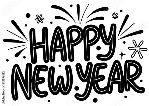 Hand Drawn Happy New Year Typography with Fireworks and Sparkles