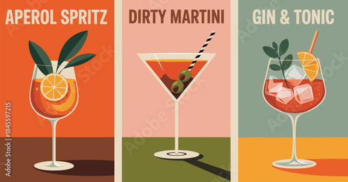 Alcohol cocktails retro poster set, featuring aperol spritz, girty martini, gin and tonic, vintage style flat vector illustrations for bar, pub, restaurant, and kitchen wall art prints.