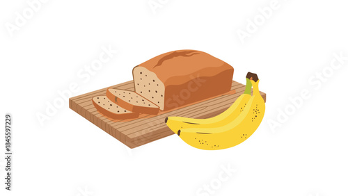 Delicious sliced banana bread resting on a rustic wooden cutting board, accompanied by a fresh bunch of ripe bananas, illustrating wholesome baking.