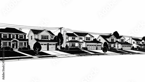 Row of suburban houses with trees and power lines.