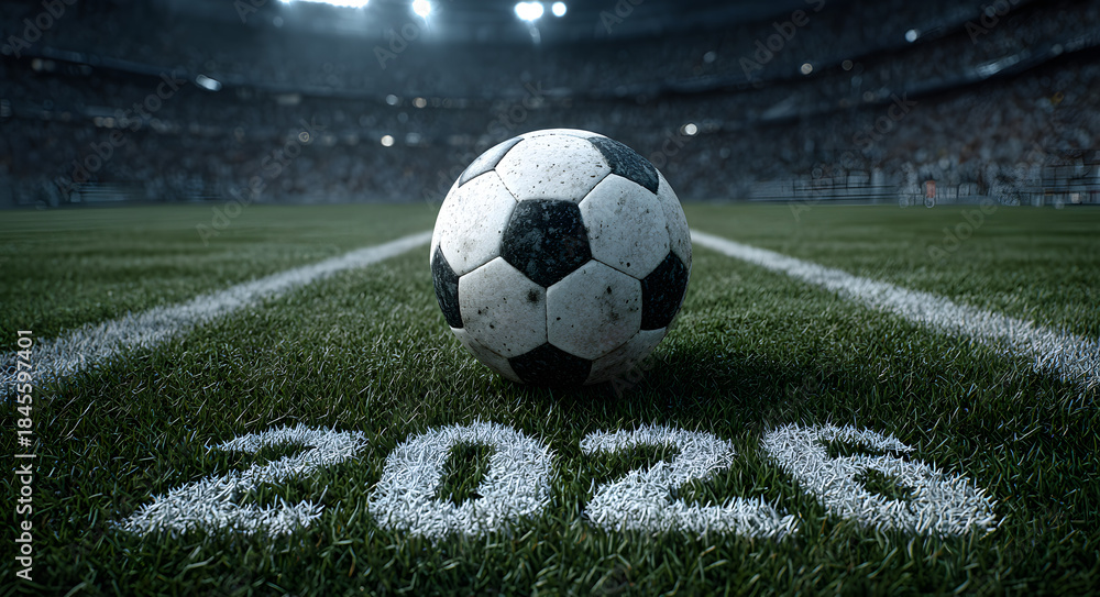 Fototapeta premium Soccer 2026 World Cup - A soccer ball rests on the center line of a stadium field with the numbers 2026