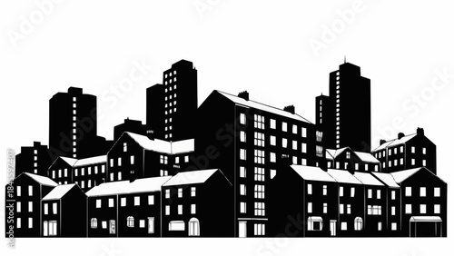 Silhouette of a dense urban cityscape with varied building heights.