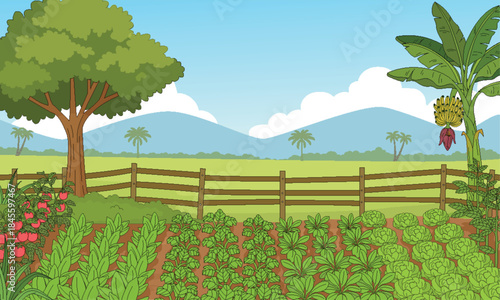 Cartoon Vegetable Garden With Farm Landscape Trees Plants and Mountains Illustration