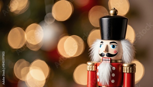 Colorful Nutcracker Figurine with Christmas Lights Bokeh Background