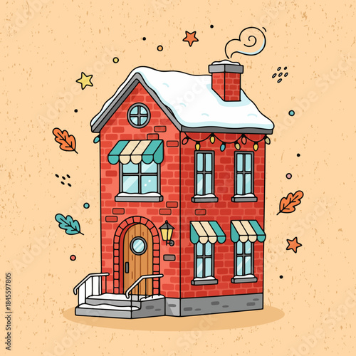 Small brick city home with a snowy stoop and railing isolated. Architecture building vector illustration. Suitable for poster and web design
