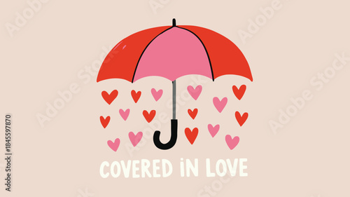 Flat illustration of pink umbrella with red hearts on beige background