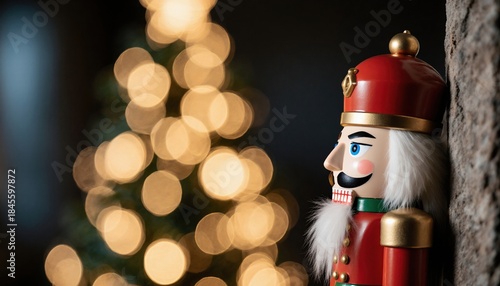 Colorful Nutcracker Toy with Christmas Tree in Soft Background Light