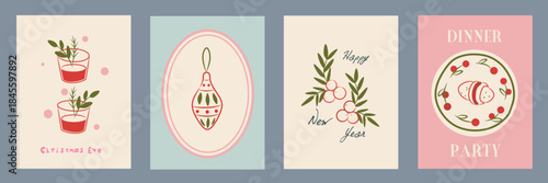 Hand drawn la dolce vita Christmas doodles. Vector illustration cards icon with wine, food, ornament. Minimalist winter xmas line art for invitations, stationery, printables, social media, wall art.