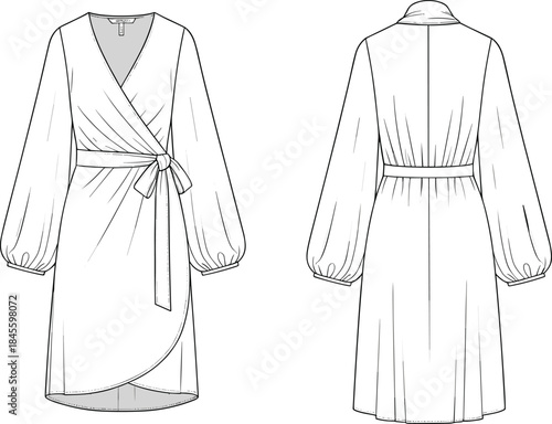 Wrap dress technical drawing, long gathered sleeves, V-neckline, asymmetrical hem, belt tie waist, front and back views, garment construction sketch