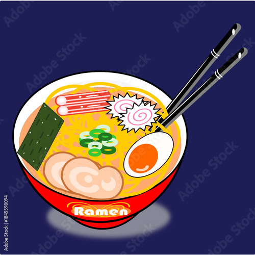 Japanese Ramen Noodle Bowl Illustration with Egg and Chashu