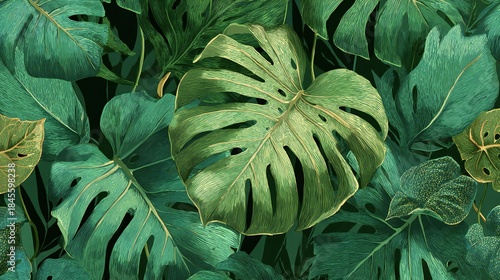 Lush Green Monstera Leaves: Tropical Botanical Pattern

