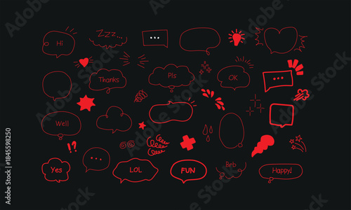 Collection of hand drawn red neon speech bubbles and chat icons set against a dark background