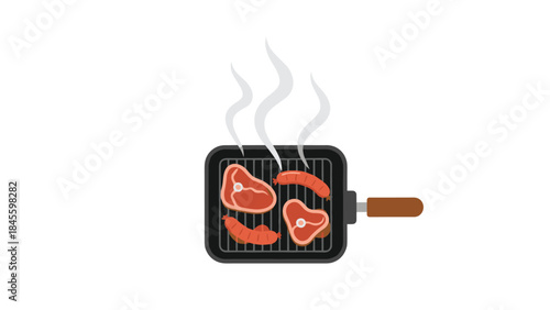 Top-down view of a sizzling square grill pan filled with steaming steaks and sausages, ready for a delicious and hearty home-cooked meal.