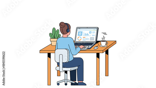 A woman diligently working on her laptop at a wooden desk, wearing headphones, with a plant and coffee, embodying remote work and productivity.