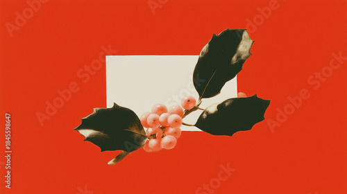 Christmas holly branch with red berries and dark green leaves, placed over blank white card on vibrant red background. Festive winter decoration, suitable as wallpaper, poster, banner for holiday