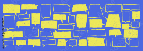Yellow crayon speech bubbles. Bold rectangular shapes for highlights and emphasis text. Grunge doodle blank dialog elements. Funky cartoon childish vector silhouettes. Charcoal line pen text boxes.