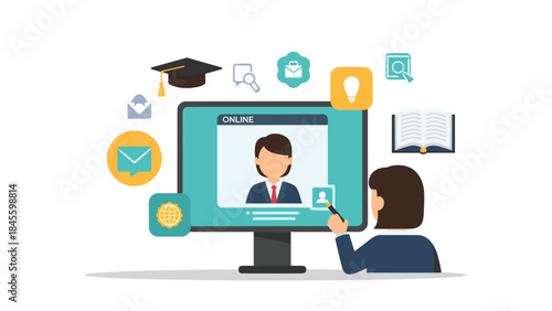 A woman engaged in online learning on a computer, surrounded by various educational and business icons, symbolizing e-learning and digital education.