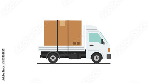 A clean white delivery truck with a large cardboard box securely strapped onto its flatbed, representing efficient parcel delivery service.