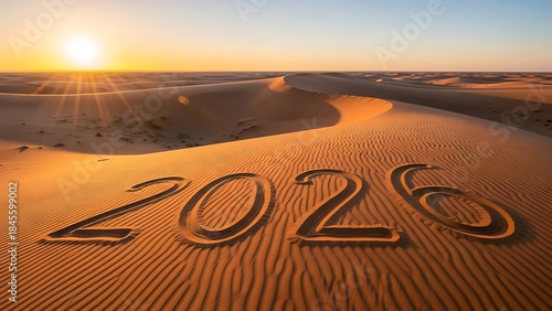 Fototapeta Naklejka Na Ścianę i Meble -  Year 2026 carved in desert sand dunes at sunrise with golden sunlight