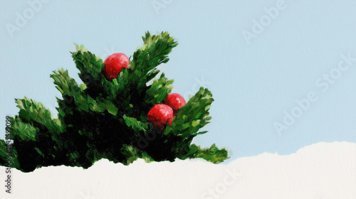 Christmas green foliage with red ornaments and fluffy white snow, painted texture set against light blue background. Festive winter decoration ideal as wallpaper, poster for holiday greeting