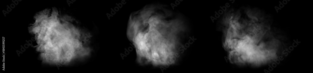 Obraz premium Collection of abstract white smoke clouds isolated on black background, mysterious fog and vapor textures, dark atmospheric effect, smoke is evaporating on a black background