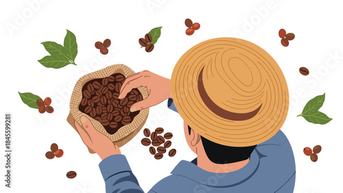 Farmer with a straw hat sorting freshly harvested coffee beans into a burlap sack, surrounded by ripe coffee berries and green leaves, symbolizing traditional agriculture and manual labor.