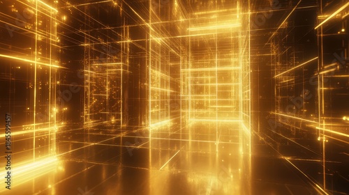 Fototapeta Naklejka Na Ścianę i Meble -  Digital grid structure generating an abstract golden tunnel representing data flow, network connections, and modern technology concepts in a futuristic environment