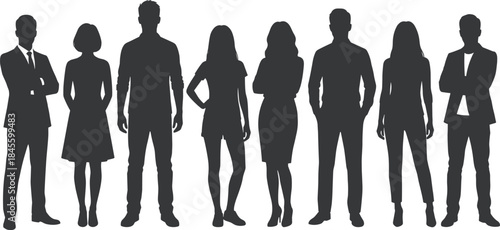 Diverse group of young people silhouette vector: men and women standing in mixed attire, representing professionals, students, and a modern, inclusive community.